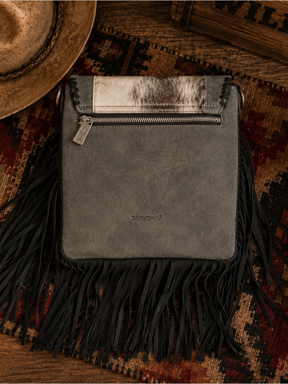 Boho Black Suede Fringe Crossbody with Turquoise Concho - Picture 2 of 3